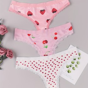Resim 3'lü Morvia Kadın Dantel Tanga Seti - Sevimli Çilek, Kiraz & Kalp Desenli Düşük Bel Külotlar Pembe & Beyaz, Yumuşak Polyester Karışımı Kontrast Dantel Detaylı, MORVIA 