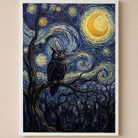 Resim Wise Owl Starry Night Print - Van Gogh-Style Mystical Forest Wall Art - Wooden Frame - White / 24 x 36" (60x90 cm) 