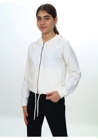 Resim Toontoy Kız Çocuk Kapüşonlu Fermuarlı Reglan Kol Örme Hırka - Beli Ayarlanabilir Kordonlu & 2 İplik Ekru 