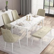 Resim Canisa Concept Are Serisi 80 x 132 cm Açılabilir Benchli Mdf Beyaz Mermer Desen Mutfak Masa Takımı 4 Sandalye 1 Bench 