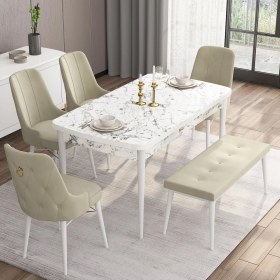 Resim Canisa Concept Are Serisi 80 x 132 cm Açılabilir Benchli Mdf Beyaz Mermer Desen Mutfak Masa Takımı 4 Sandalye 1 Bench 