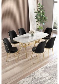 Resim Canisa Lena Serisi 90x160 Lak Panel Beyaz Mermer Desen Gold Kaplama Ayaklı Masa Takımı Ve 6 Siyah Sandalye Beyaz Mermer Desen Masa Sandalyeler Siyah 