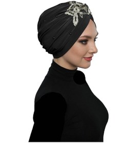 Resim Elysianfidan Kopma Astarlı İşlemeli Siyah Sarı Dantel Motifli Hazır Türban Tesettür Abiye Bone Siyah - Sarı 