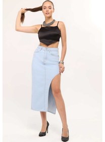 Resim Shevega Kadın Buz Mavi Uzun Ön Parçali Asimetrik Kot Etek Buz Mavi 