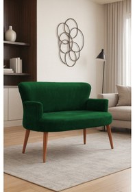 Resim Roma Modern İkili Koltuk - Babyface Kumaş - Kapitonesiz - Ahşap Ceviz Renk Ayak - Yeşil Yeşil 