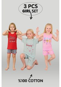 Resim Kız Çocuk 3'lü %100 Pamuklu 1-2-3 Yaş Pijama Takımı Model:129 Çok Renkli 