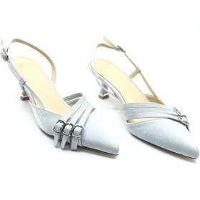 Resim KOCAMANLAR Feles Şeker Topuklu Üç Toka Detaylı Arkası Açık Stiletto Kadın Kısa Topuklu Ayakkabı GÜMÜŞ 