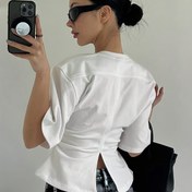 Resim Kadın Yaz Düz Renk Yuvarlak Yaka Rahat T-Shirt, Bağcıklı Bel, Kısa Kollu, Hafif Polyester Karışımı, Siyah, Rahat Yaz Giyim | Minimalist Tarz | Hafif Gömlek 
