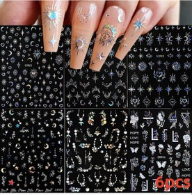 Resim 6 Adet Vintage Esinlenen 3d Altın Ve Simli Nail Art Etiketler Güneş/kalp/kilit/yıldız/ay Tasarımları Çıkartmaları Kendinden Yapışkanlı Pırıltılı Çiviler Krem 