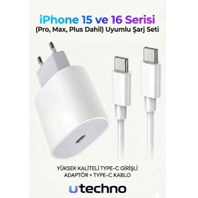 Resim 25W (Watt) Apple Uyumlu Hızlı Şarj Adaptörü + Kablo Iphone 15 Iphone 16 Pro Max Plus Uyumlu Beyaz Hızlı Şarj Aleti Seti Type-C To Type-C Iphone Uyumlu Utechno 