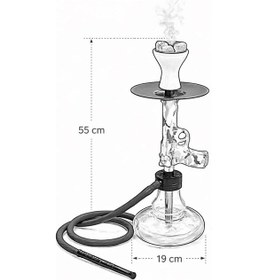 Resim Modern Cam Nargile Takımı 55 Cm Şeffaf Taban 19 Cm Seramik Lüleli, Kalın Hortumlu Premium Nargile Seti 