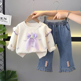 Resim Kızlar İçin Moda Fiyonk Desenli Kapüşonsuz Sweatshirt + Kot Pantolon 2 Parça Takım! Şık, Rahat ve Nefes Alabilen Günlük Kullanım için İdeal, Dış Mekan Giyiminde Mükemmel 