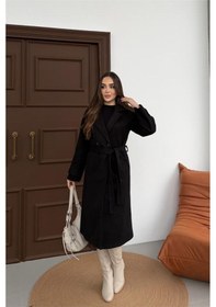 Resim Neşeli Butik Kadın Siyah Kuşaklı Reglan Kol Düğmeli Premium Kaşe Kaban Nbkbn01 Siyah 