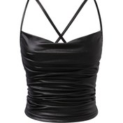 Resim Kadınların Seksi Düz Renk Örgü Polyester ve Spandex Crop Top, Yaz Spagetti Askılı Kolsuz Yelek, Esnek Olmayan Kemer Tasarımı 