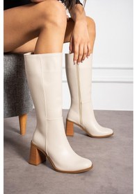 Resim Shoetek Nilsın Kadın Çizme Kalın Topuklu Fermuarlı Bej Deri Bej Cilt 