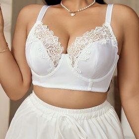 Resim Kontrast Dantel Detayı ile Şık Büyük Beden Sütyeni - Polyester ve Elastan Blend, Orta Gerilim, Düz Renk, Sütunlu Destek, Örgü Kumaş - No Ped 