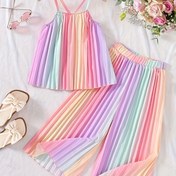 Resim Kızlar için 2'li, Renkli Çizgili Pilili Kısa Bluz + Bol Paça Pantolon Takımı, Rahat ve Trend Yazlık Hediye Tatil Takımı, Akışkan Pantolon, Paça Pantolon, Günlük ve Dış Mekan Giyim İçin İdeal 