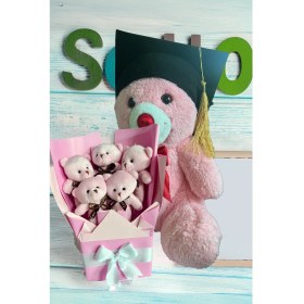 Resim Mezuniyet Hediyesi: Mezun Peluş Ayıcık & Pembe Ayıcık Buketi 