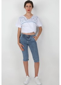 Resim Kadın Düz Çizgili Capri DüzÇizgili Mavi 