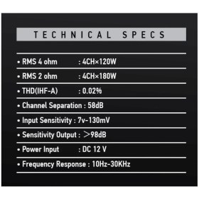 Resim Massive MS-KL120.4 Ab 4kanal Efsane Seri Oto Amfi Anfi 4ch-4 Ohm 120W-RMS -Rms 2 Ohm 4CH×180W Bas Kontrollü 