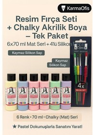 Resim Resim Fırça Seti Silikon Saplı 4 Lü + Chalky Akrilik Boya Seti 6 