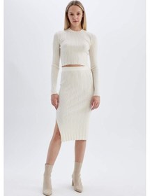 Resim Defacto Coool Slim Fit Dar Kesim Basic Düz Yırtmaçlı Triko Midi Etek A2058AX24AUBG303 Bej 