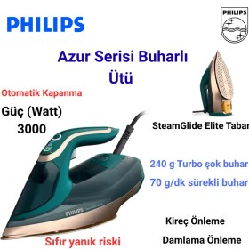 Resim Philips 3000 W Gücü ve Kireç Önleme Sistemi ile DST8030/70 Azur Serisi Buharlı Ütü 