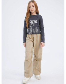 Resim DeFacto Kız Çocuk Beli Lastikli Düz Paça Paraşüt Pantolon D7605A825SMBG414 Bej 