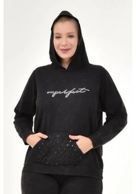 Resim Kadın Büyük Beden İtalyan Yıkama Siyah Kapşonlu Sweatshirt Siyah 