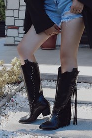 Resim POLKA STORE Tassel Püskül Detaylı Troklu Uzun Diz Altı Western Kadın Kovboy Çizme 