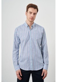 Resim Morven Erkek Turkuaz Keten Panolu Düğmeli Yaka Regular Fit Gömlek Turkuaz 