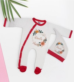 Resim Bk Kids Kişiye Özel Çiçek Tasarımlı Kırmızı Tulum Zıbın Ve Kukuletalı Şapka Seti-10 Çok Renkli 