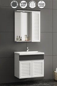 Resim ÖZCEDEN Çuha 65 cm Beyaz-Antrasit Gri Mat MDF Panjurlu Balon Kapak Seramik Lavabolu Asma Banyo Dolabı Takımı 