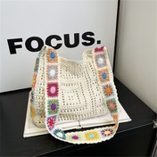 Resim Kadınlar İçin Tığ İşi Omuz Çantası - Çiçek Nakışlı, Bej/Siyah Polyester Tote, Sabit Askılı ve Tokalı Kapatmalı, Elde Yıkanabilir Yazlık Plaj Çantası & Günlük Kullanım 