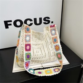 Resim Kadınlar İçin Tığ İşi Omuz Çantası - Çiçek Nakışlı, Bej/Siyah Polyester Tote, Sabit Askılı ve Tokalı Kapatmalı, Elde Yıkanabilir Yazlık Plaj Çantası & Günlük Kullanım 
