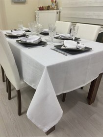 Resim Keten Görünümlü Simsiz Begonvil Masa Örtüsü Beyaz 13 Parça 