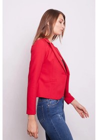 Resim Yakalı Flato Cepli Uzun Kol Pamuklu Kumaş Kısa Blazer Ofis Ceket -kırmızı Kırmızı 