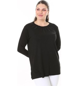 Resim Kadın Büyük Beden Siyah Taş Ve Arka Robası Dantel Detaylı Uzun Kollu Bluz 65n37694-siyah Siyah 