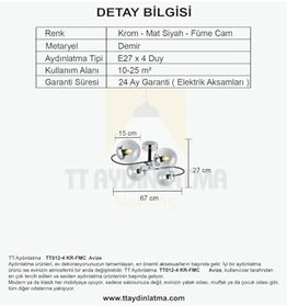 Resim TT AYDINLATMA Tt012-4 Kr Krom Rengi Kaplama 4 Lü Füme Camlı Lüks Avize Krom 27 cm 