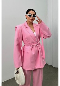 Resim Kadın Oversize Blazer Ceket Kuşaklı Omuz Detaylı Pembe 