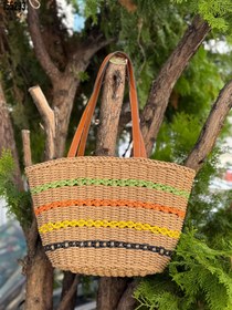 Resim NWC1017 Şeritli Camel Hasır Çanta 