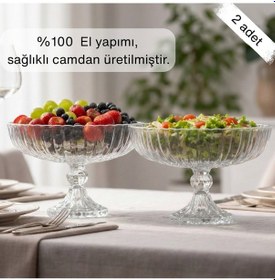 Resim Selen Concept Linea Damla Model Ayaklı El Yapımı Cam Salata Ve Meyve Kasesi 2'li Set Şeffaf 