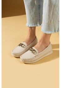 Resim Shoetek Gerda Kadın Makosen Ayakkabı Tokalı Babet Bej Cilt Bej Cilt 