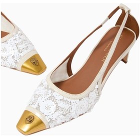 Resim Kurt Geiger Regent 55 Low Open Court Mules, Parıltılı Siyah File Ve Antik Pirinç Babet Beyaz 