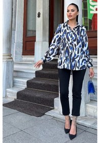 Resim Mavi Desenli Salaş Saten Gömlek Mavi 