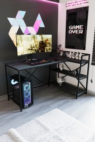 Resim Flinder Siyah Oyuncu Masası, Çift Yön Kullanıma Uygun, Bilgisayar Masası, Gamer Masası, Gaming Masa, L Masa 