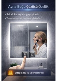Resim Digital Hayat Buğu Çözücü Dokunmatik Dimlenebilir Kare Ayna Beyaz Işıklı Led Dekoratif Banyo Makyaj Aynası Beyaz 