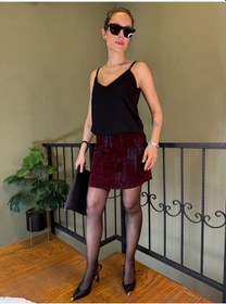 Resim Ali Butik Bordo Flok Baskılı Mini Etek 