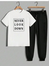 Resim Never Beyaz T-shirt Siyah Eşofman Altı Jogger - Baskılı Alt Üst Eşofman Takım Oversize Bisiklet Yak Beyaz Siyah 