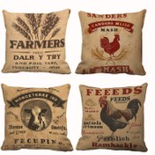 Resim 4 adet yastık kılıfı seti, ülke pastoral tarzı, arka plan rengi olarak retro bej ve buğday başakları, horoz, inek vb. dekoratif desenlerle birlikte, kare minder kılıfı, parti dekorasyonu, ev dekorasyonu, kanepe, oturma odası, yatak odası, açık hava için uygun, tek taraflı baskı, yastık çekirdeği yok 